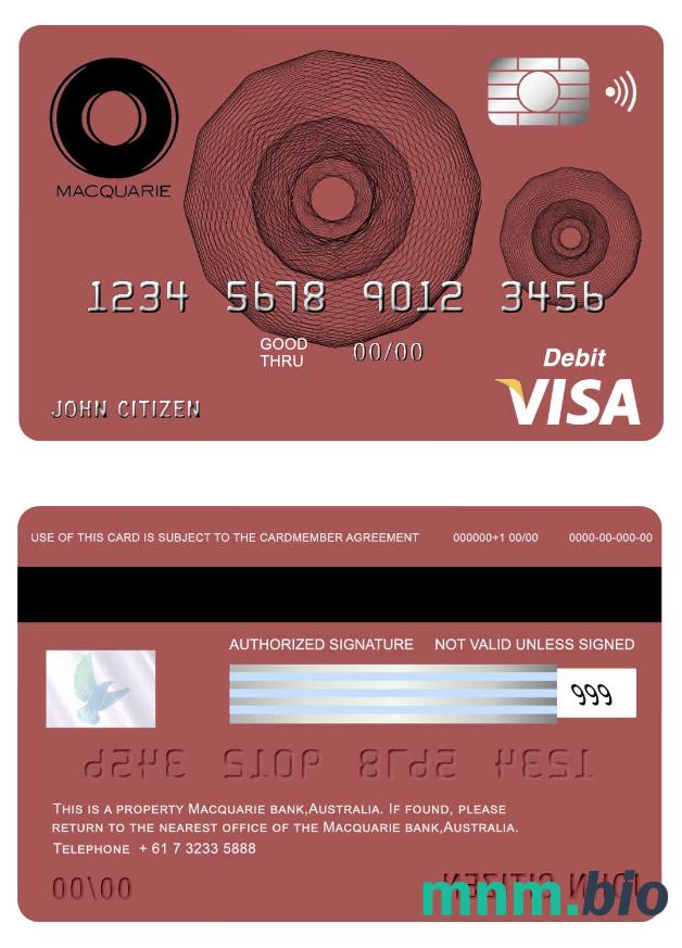 Australia Macquarie bank przykład karty visa w formacie PSD